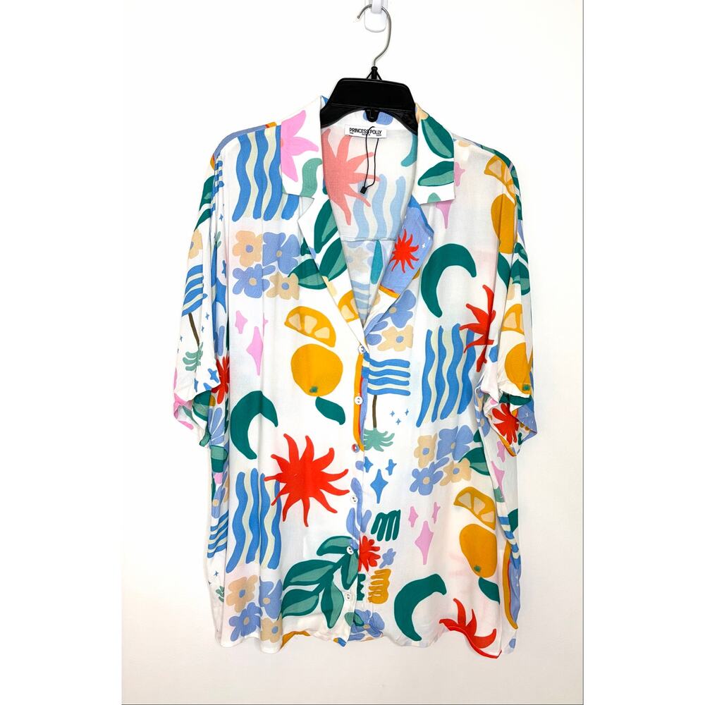 Princess Polly Caraliia Shirt Sz 6 Blue Multi Oversized Beachy Resort Tropical